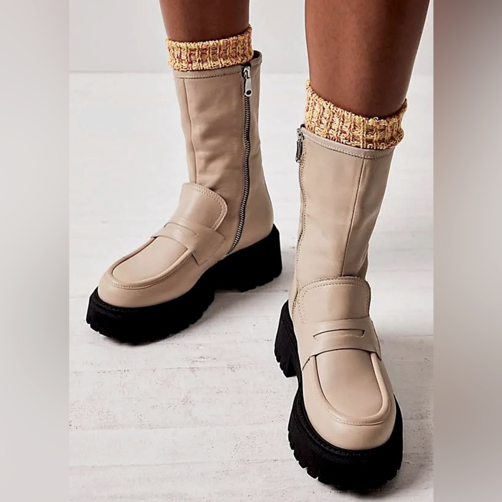 NWOB Free People Madison Leather Loafer Zip After Glow Chunky Lug Sole Boots 9.5